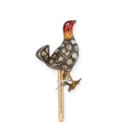 NO RESERVE - AN ANTIQUE DIAMOND AND ENAMEL PHEASANT STICK / TIE PIN designed as a pheasant set