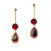 NO RESERVE - A PAIR OF ANTIQUE GARNET DROP EARRINGS each comprising round and pear shaped cabochon