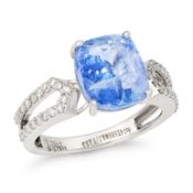 NO RESERVE - A 4.75 CARAT SAPPHIRE AND DIAMOND RING set with a cushion cut blue sapphire of 4.75