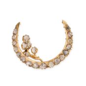 AN ANTIQUE DIAMOND CRESCENT MOON AND FLOWER BROOCH, 19TH CENTURY designed as a crescent moon