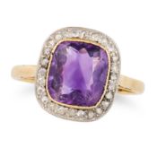 NO RESERVE - AN ANTIQUE AMETHYST AND DIAMOND RING in 18ct yellow gold, set with a cushion cut