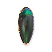 NO RESERVE - AN ANTIQUE VICTORIAN BEETLE BROOCH set with a green iridescent beetle, no assay