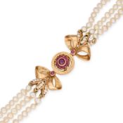 NO RESERVE - A VINTAGE ITALIAN RUBY AND PEARL BOW BRACELET in 14ct rose gold, comprising three