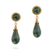 NO RESERVE - A PAIR OF ANTIQUE GREEN HARDSTONE EARRINGS each suspending a polished green hardstone