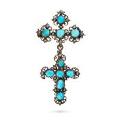 NO RESERVE - AN ANTIQUE IBERIAN TURQUOISE AND DIAMOND CROSS BROOCH in silver, designed as a cross