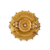 NO RESERVE - AN ANTIQUE VICTORIAN DIAMOND AND PEARL ETRUSCAN REVIVAL BROOCH, 1887 in 15ct yellow
