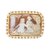 A VINTAGE SHELL CAMEO BROOCH in 18ct yellow gold, the shell cameo carved to depict two nude