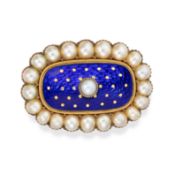 NO RESERVE - AN ANTIQUE VICTORIAN NATURAL PEARL AND ENAMEL BROOCH set with a pearl, relieved in blue