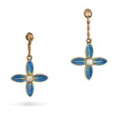 NO RESERVE - A PAIR OF VINTAGE DIAMOND AND ENAMEL FLOWER DROP EARRINGS each drop designed as a