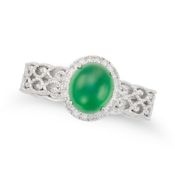 NO RESERVE - A JADEITE JADE AND DIAMOND RING set with a cabochon jadeite jade in a halo of round cut
