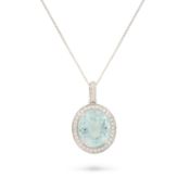 NO RESERVE - AN AQUAMARINE AND DIAMOND PENDANT NECKLACE set with an oval cut aquamarine of 3.76