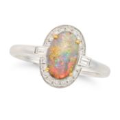 NO RESERVE - AN OPAL AND DIAMOND CLUSTER RING set with an oval cabochon opal of 0.84 carats,