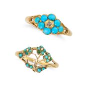NO RESERVE - TWO ANTIQUE TURQUOISE RINGS comprising a ring set with a rose cut diamond in a