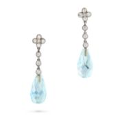 NO RESERVE - A PAIR OF ANTIQUE AQUAMARINE AND DIAMOND DROP EARRINGS, EARLY 20TH CENTURY each