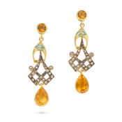 NO RESERVE - A PAIR OF CITRINE, DIAMOND AND BLUE ZIRCON DROP EARRINGS in silver gilt, each