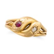 NO RESERVE - AN ANTIQUE VICTORIAN RUBY AND DIAMOND SNAKE RING, 1898 in 18ct yellow gold, designed as