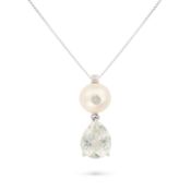 NO RESERVE - A PRASIOLITE, PEARL AND DIAMOND PENDANT NECKLACE the pendant comprising a pearl set