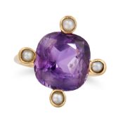 NO RESERVE - AN ANTIQUE AMETHYST AND PEARL RING, EARLY 20TH CENTURY in yellow gold, set with a
