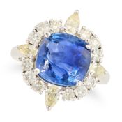 NO RESERVE - A SAPPHIRE AND DIAMOND DRESS RING set with a cushion cut sapphire of 7.95 carats in a