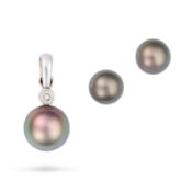 NO RESERVE - A BLACK PEARL AND DIAMOND PENDANT AND PAIR OF BLACK PEARL STUD EARRINGS the pendant set