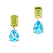 NO RESERVE - A PAIR OF BLUE TOPAZ AND PERIDOT DROP EARRINGS each set with an octagonal step cut