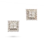 NO RESERVE - A PAIR OF DIAMOND EARRINGS each square earring set with four princess cut diamonds in a