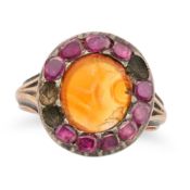 NO RESERVE - AN ANTIQUE CARNELIAN INTAGLIO AND RUBY RING set with a carnelian intaglio carved to