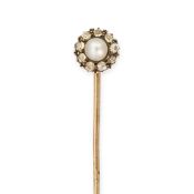 NO RESERVE - AN ANTIQUE NATURAL PEARL AND DIAMOND STICK PIN set with a pearl in a cluster of old cut