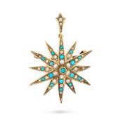 NO RESERVE - AN ANTIQUE EDWARDIAN TURQUOISE AND PEARL STAR BROOCH / PENDANT, 1911 in 9ct yellow