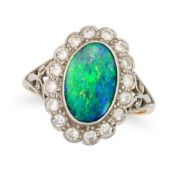 NO RESERVE - A BLACK OPAL AND DIAMOND CLUSTER RING set with a cabochon black opal in a cluster of