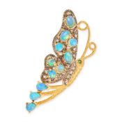 NO RESERVE - AN OPAL AND DIAMOND BUTTERFLY BROOCH in silver gilt, designed as a butterfly with
