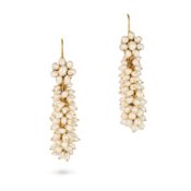 NO RESERVE - A PAIR OF VINTAGE PEARL CLUSTER DROP EARRINGS in yellow gold, each comprising a cluster